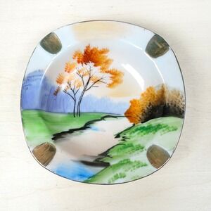 Vintage Hand Painted Japan Porcelain Ashtray Autumn Landscape Gold Trim MCM